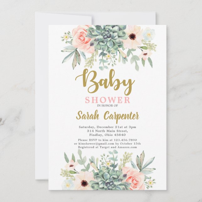 Succulents vattencolor blommigt Baby Shower Inbjudningar (Framsida)