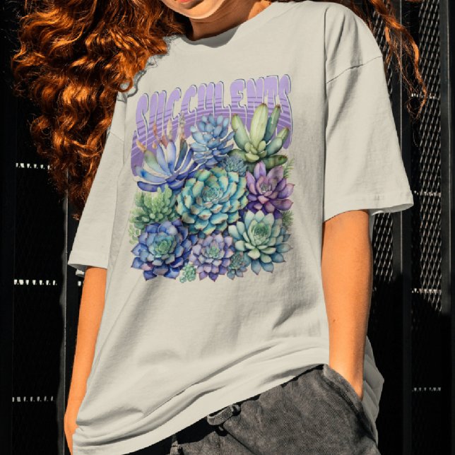 Succulents Watercolor Botanical Lila Grönt T Shirt (Skapare uppladdad)
