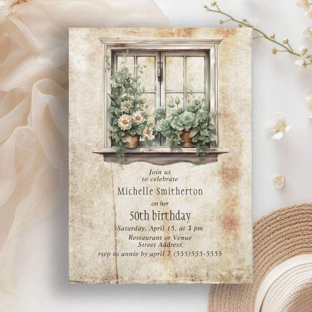Succulents Window Garden 50:e Födelsedagsfesten Inbjudningar (Rustic succulent window garden birthday party invitation)