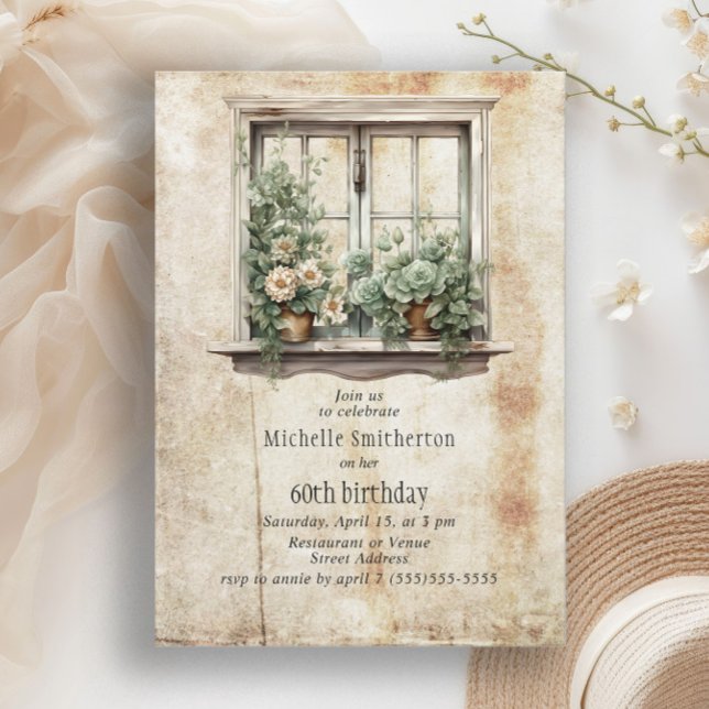 Succulents Window Garden Rustic 60:e födelsedagen Inbjudningar (Rustic succulent garden 60th birthday party invitation)
