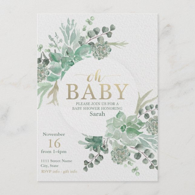 Succulous Baby Shower-inbjudan - Blommigt Inbjudan (Framsida)