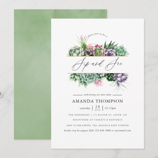 Succulric Geometric Baby Shower Sip and See Inbjudningar (Fram/baksida)