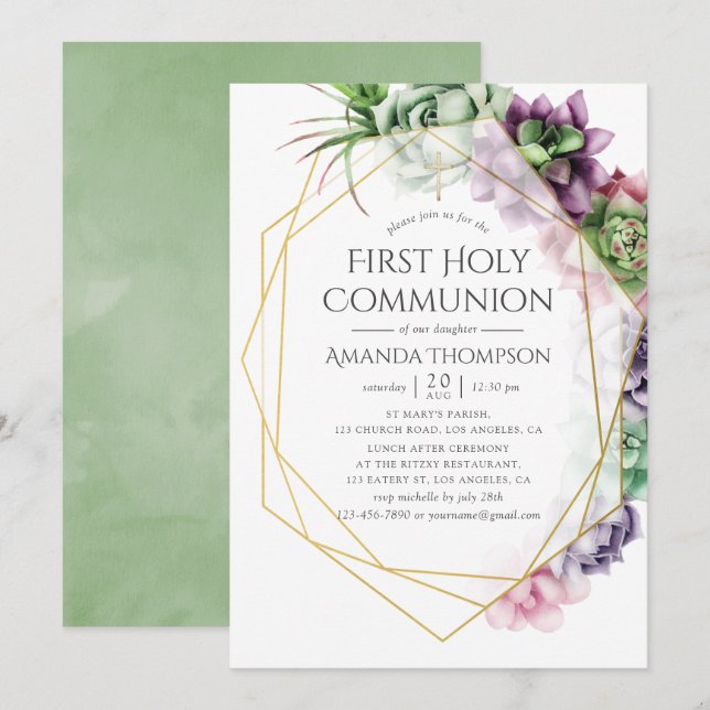 Succulric Geometric First Heliga Communion Inbjudningar (Fram/baksida)