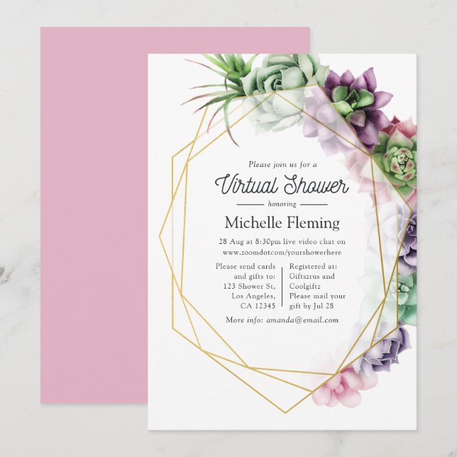 Succulric Geometric Virtuell Baby Shower Inbjudningar (Fram/baksida)