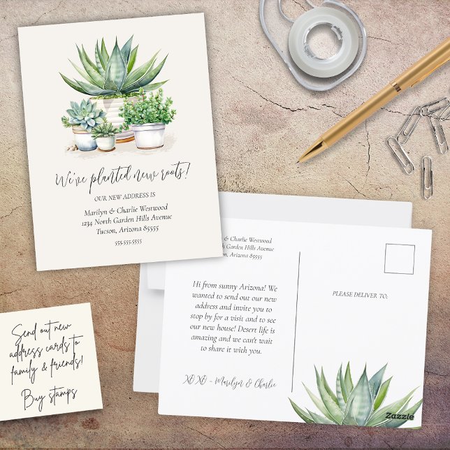 Succulted New Roots Weve Flyttat Nytt adress Vykort (simple minimalist succulent potted plants theme we planted new roots change of address postcards)