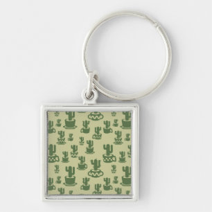 Succulus cactus silhouette i kopp och pots fyrkantig silverfärgad nyckelring