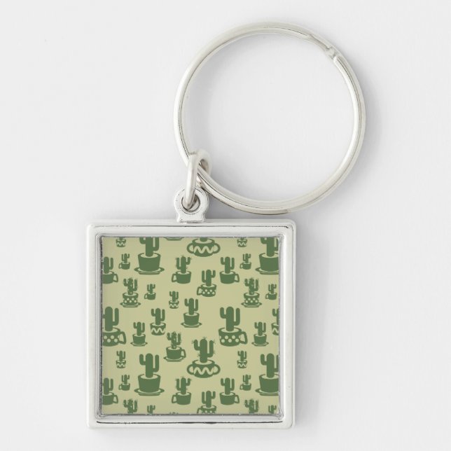 Succulus cactus silhouette i kopp och pots fyrkantig silverfärgad nyckelring (Framsidan)