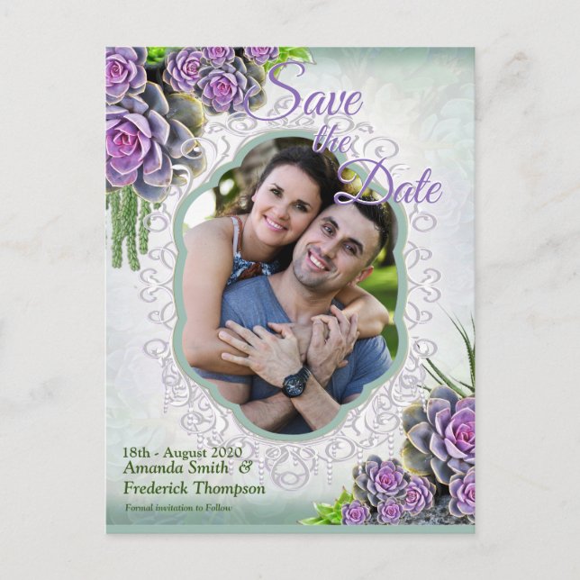 Succulus of SeaGreen, Violet Save the Date Meddelande Vykort (Framsida)