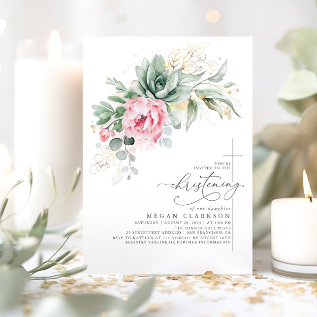 Succuly Greenergiy Rosa Flowers Modern Christening Inbjudningar (Christening pink flowers and succulents greenery invitations for girl)