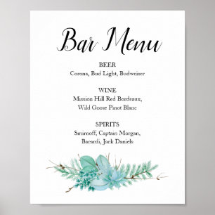 Succuly Greenery Bröllop Pub Menu Drink Sign Poster