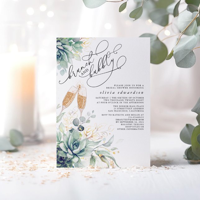 Succuly Greenery Brunch och Bubly Möhippa Inbjudningar (Brunch and Bubbly Succulents Greenery Bridal Shower Invitations)