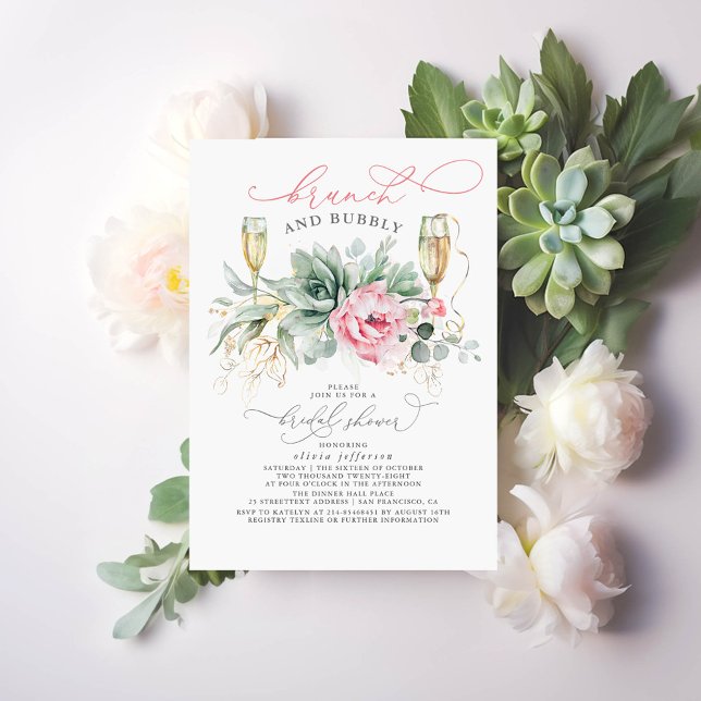 Succuly Greenery Brunch och Bubly Möhippa Inbjudningar (Brunch and Bubbly Succulent Bridal Shower Invitations)