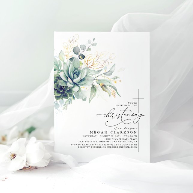 Succuly Greenery Guld Löv Elegant Christening Inbjudningar (Succulents Greenery Christening Invitations)