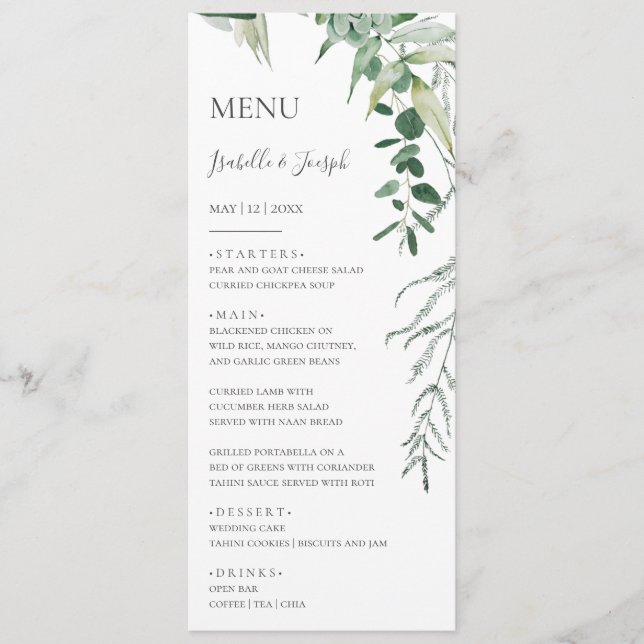Succuly Greenery Mörk grönt Bröllop Dinner Menu Meny (Framsida)