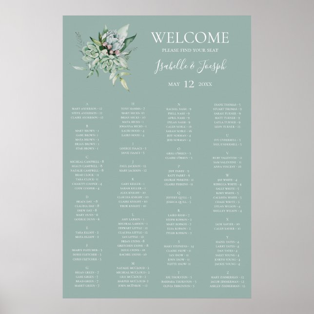 Succuly Greenery Sage Alphabetical Seating Chart Poster (Framsidan)
