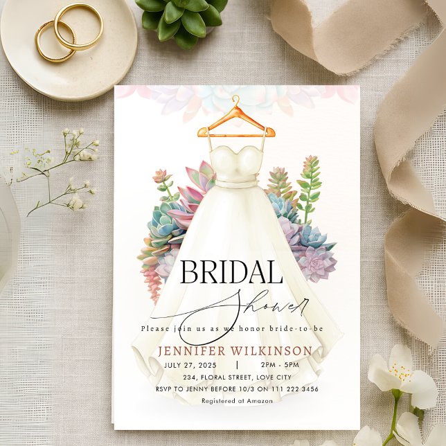 Succuly Greenery Sage Bröllop Gown Möhippa Inbjudningar (Succulent Greenery Sage Wedding Gown Bridal Shower Invitation)