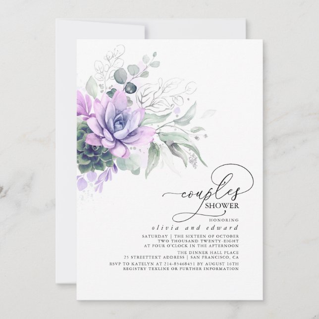 Succuly Greenery Silver Boho Par Shower Inbjudningar (Framsida)
