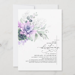 Succuly Greenery Silver Elegant Christening Inbjudningar