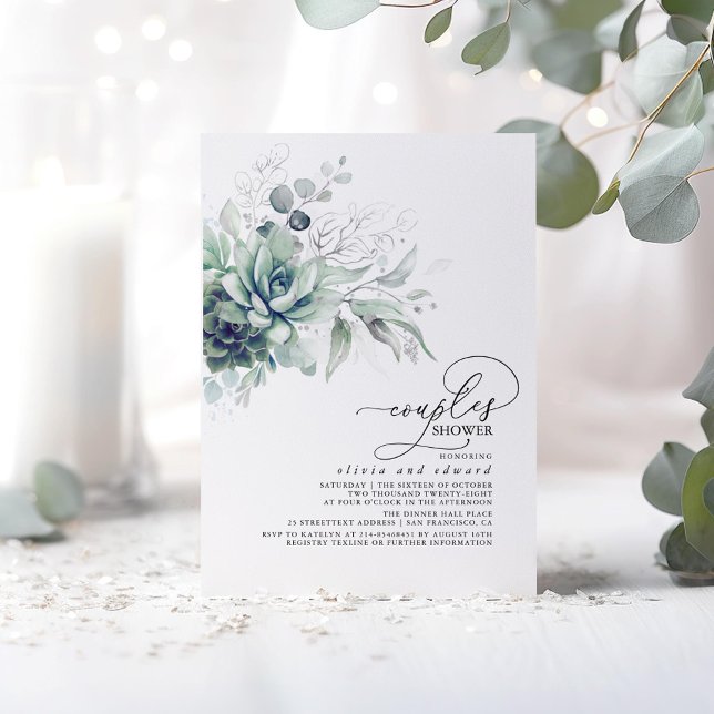 Succuly Greenery Silver Lämnar Par Shower Inbjudningar (Silver Succulents Greenery Couples Shower Invitations)