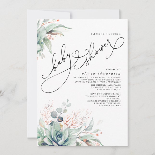 Succuly Grey Cute Elegant Baby Shower Inbjudningar (Framsida)