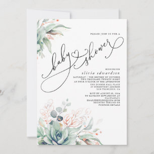 Succuly Grey Cute Elegant Baby Shower Inbjudningar