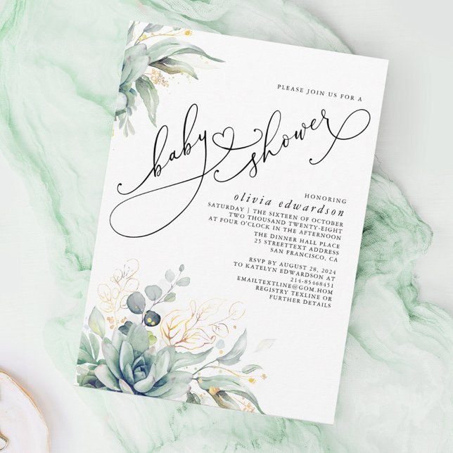 Succuly Grey Cute Elegant Baby Shower Inbjudningar (Succulents Baby Shower Invitations)