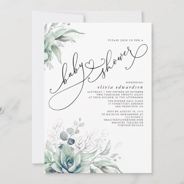 Succuly Grey Cute Elegant Baby Shower Invit Inbjudningar (Framsida)
