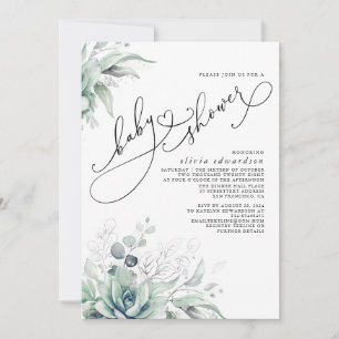Succuly Grey Cute Elegant Baby Shower Invit Inbjudningar