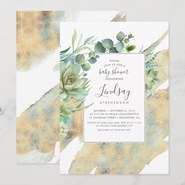 Succuly Guld Watercolor Baby Shower Inbjudningar (Fram/baksida)