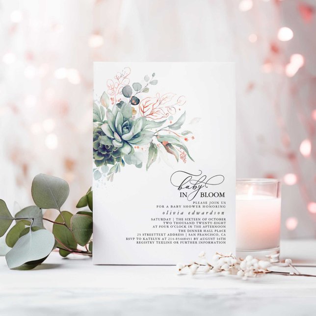 Succuly Rosa Guld Lövs Baby Shower Inbjudningar (Baby in Bloom Succulents Greenery Pink Gold and Sage Baby Shower Invitations)
