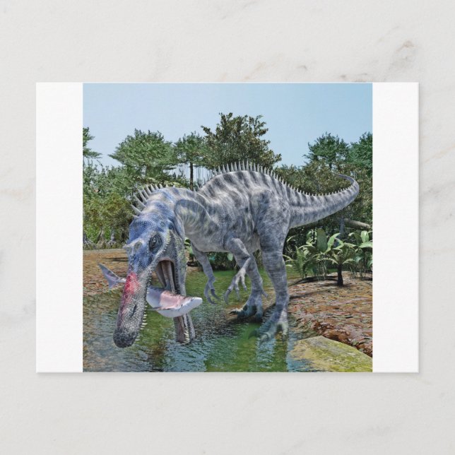 Suchomimus Dinosaur Eating a Shark in a Swamp Vykort (Framsida)