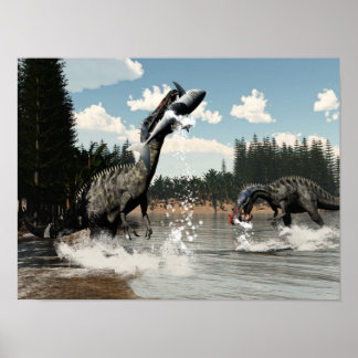 Suchomimus dinosaurs som fiskar efter fisk och haj poster