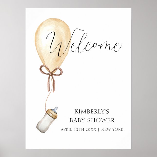 Sucka & Se Ballongflaska Babyshower Välkommen Poster (Framsidan)