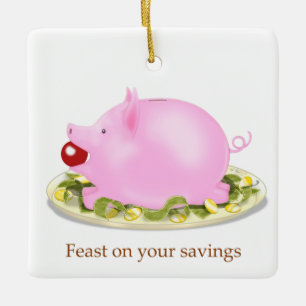 Suckling Piggy Bank "Feast on your spares" Pengar Julgransprydnad Keramik