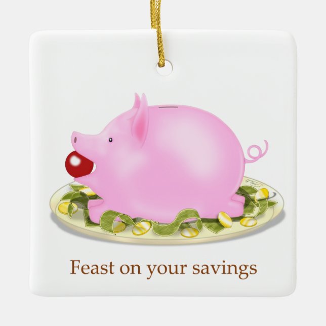 Suckling Piggy Bank "Feast on your spares" Pengar Julgransprydnad Keramik (Framsida)