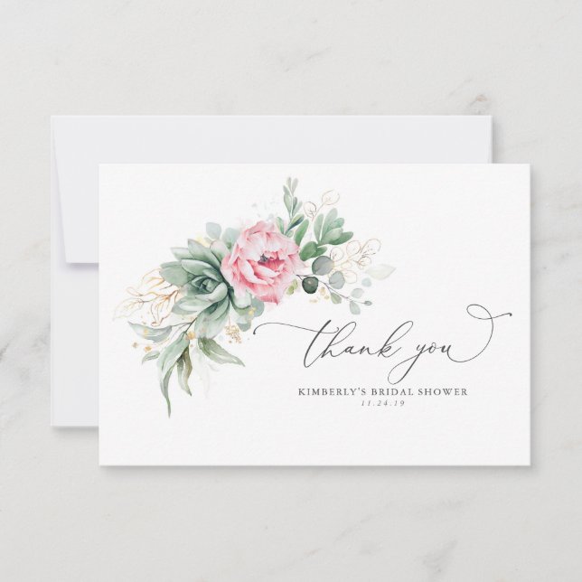 Suckulenter och rosa blommor Liten Tacksamhet Tack Kort (Framsida)