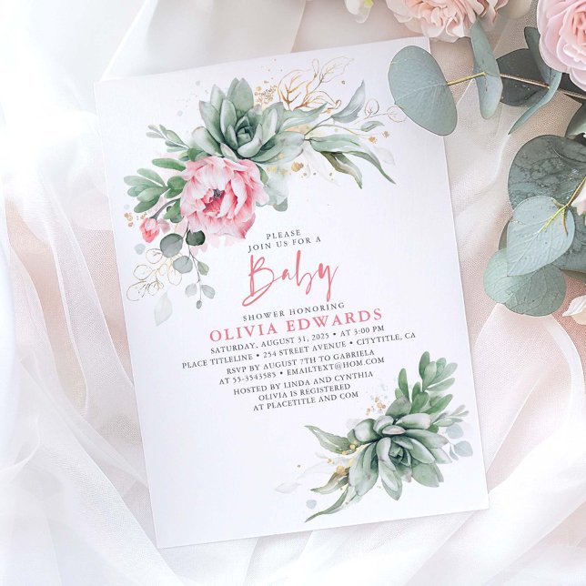 Suckulor och Rosa Flowers Girl Baby Shower Invit Inbjudningar (Pink Flowers and Succulents Baby Shower Invitations)