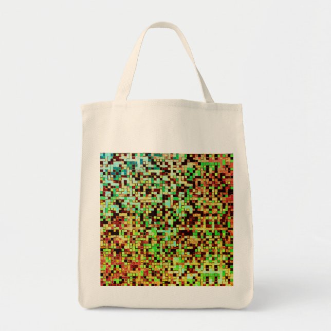 Suddiga gröna och bruna små fyrkanter eller bricko tygkasse (Framsidan)