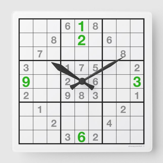 Sudoku Clock med nedladdningsbart pussel (grönt) Fyrkantig Klocka (Framsida)