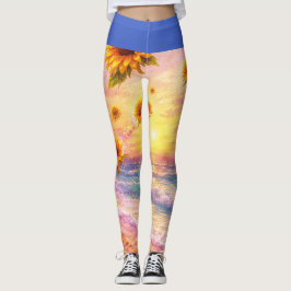 Sueño Marino de Girasoles: Atardecer en la Playa Leggings