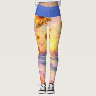 Sueño Marino de Girasoles: Atardecer en la Playa Leggings