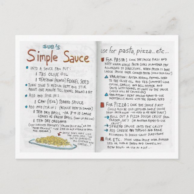 Sue's Simple Sauce recept vycard Vykort (Framsida)