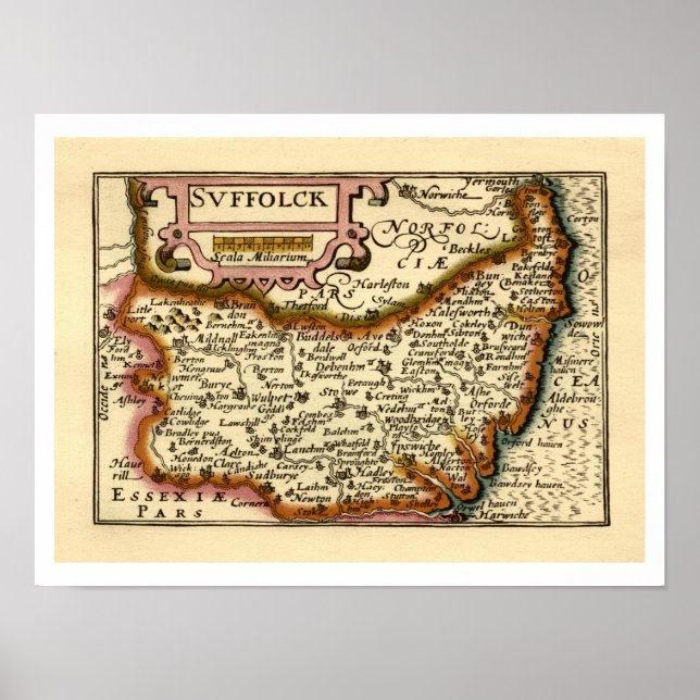 Suffolk (Suffolck) County England Antiquarian Kart Poster (Framsidan)