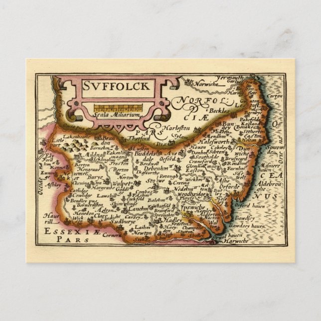 Suffolk (Suffolck) County England Antiquarian Kart Vykort (Framsida)