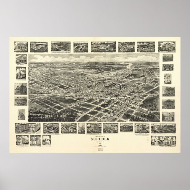 Suffolk Virginia 1907 Antique Panoramic Karta Poster (Framsidan)
