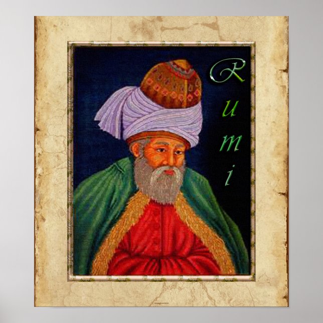 Sufi Mystic Porträtt of Rumi on faux Parchment BG Poster (Framsidan)