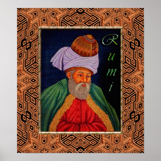 Sufi Mystic Porträtt of Rumi on Geometric BG Poster (Framsidan)