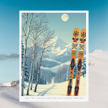 Sugar Mountain North Carolina vacation Postcard Vykort<br><div class="desc">Hello from the snowy mountains of Sugar Mountain,  North Carolina! We hope you're having a wonderful ski vacation. This postcard features a gorgeous blue-grey mountain landscape with retro ski boards in an orange tribal pattern.
All the text phrases can be customized to suit you!</div>