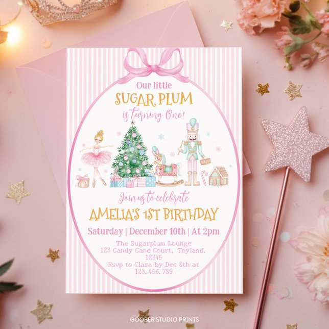 Sugar Plum Jul Nötknäppare Rosa Slöja Födelsedag Inbjudningar (Skapare uppladdad)