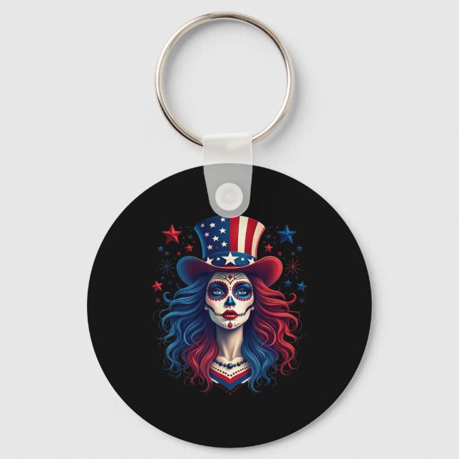 Sugar Skull 4:e juli amerikanska Flagga Skeleton W Nyckelring (Framsida)